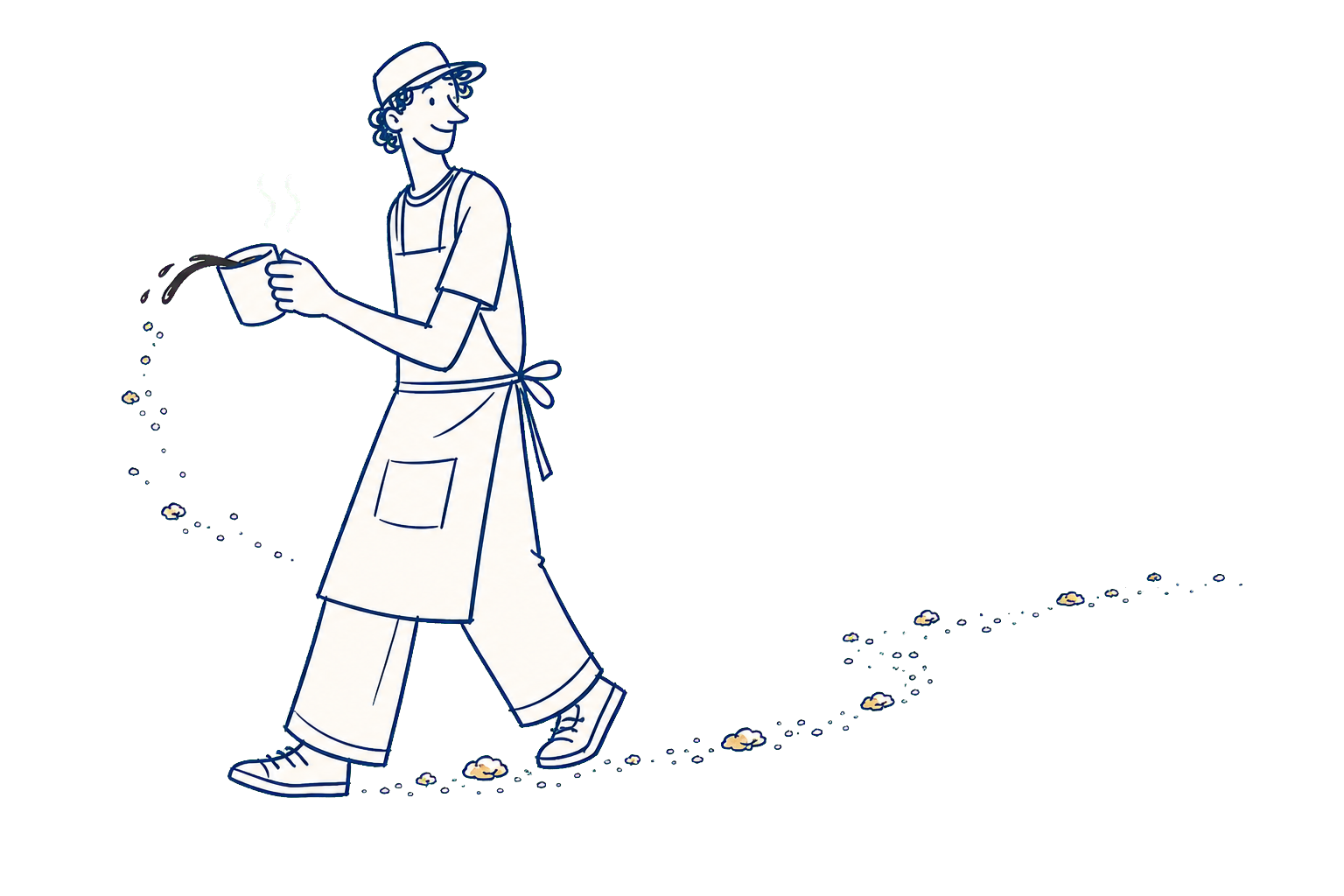 El Cafetero camina derramando un rastro de café y migas.