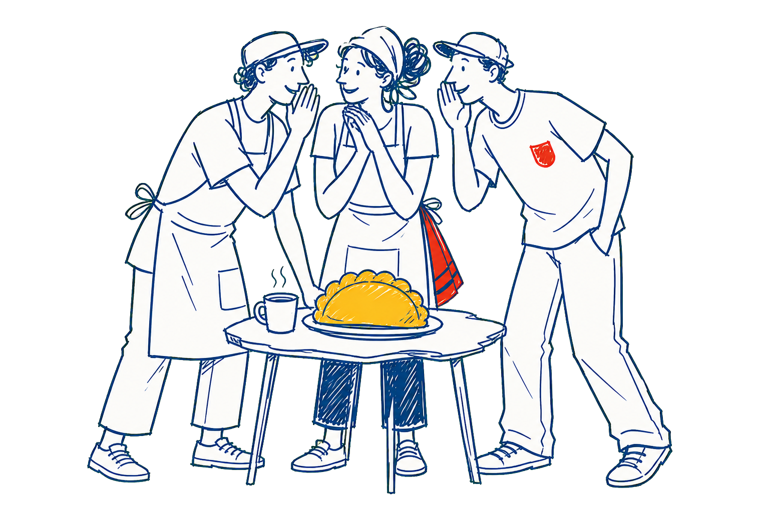 El Cafetero, La Empanadera y El Domi se inclinan sobre una empanada y café, compartiendo el secreto.